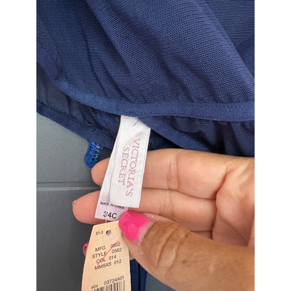 Victoria's Secret NEW floral  Embroidered Mesh Bodysuit Navy Blue 34C 0562 - Picture 8 of 9